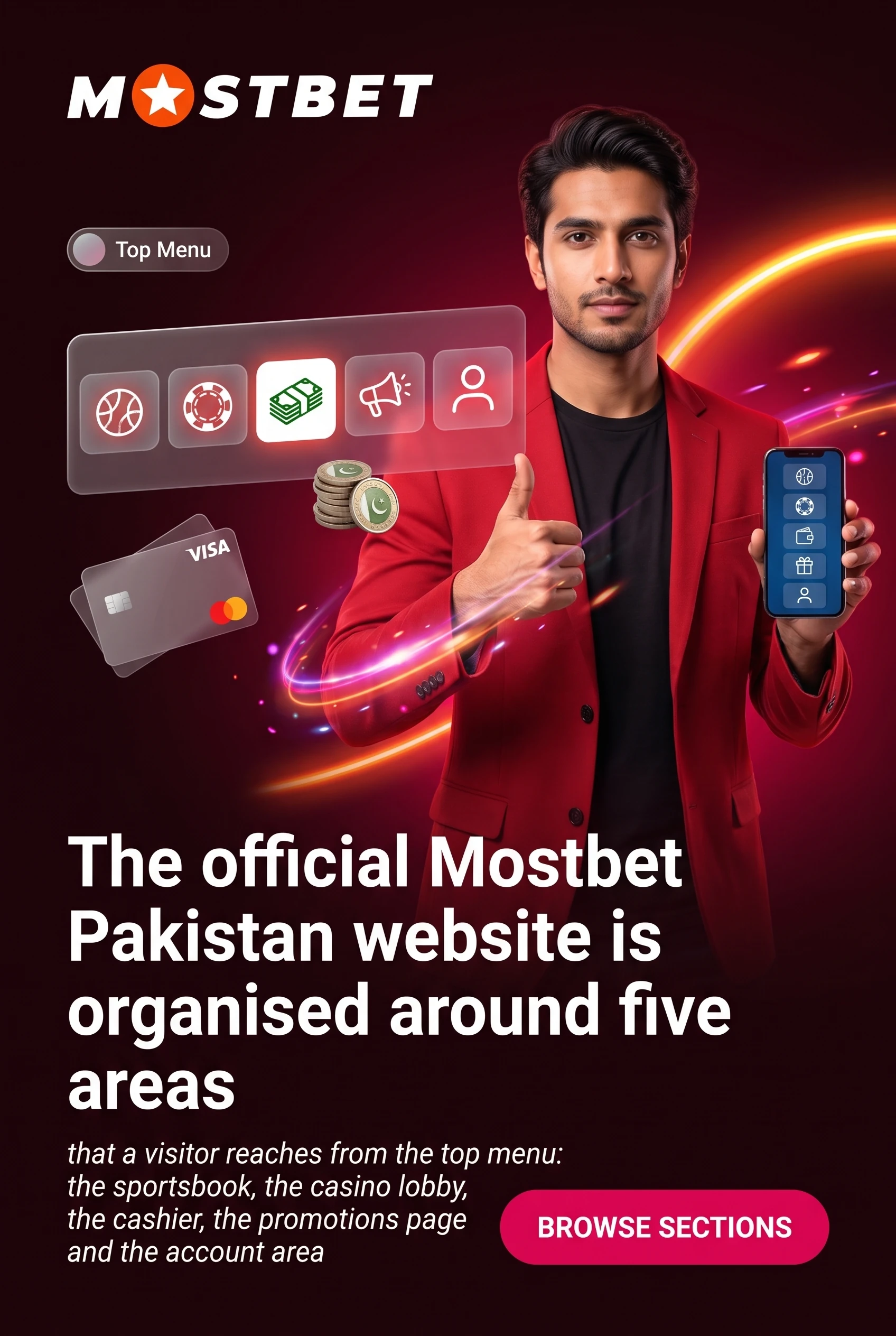 Mostbet website homepage and its main navigation sections
